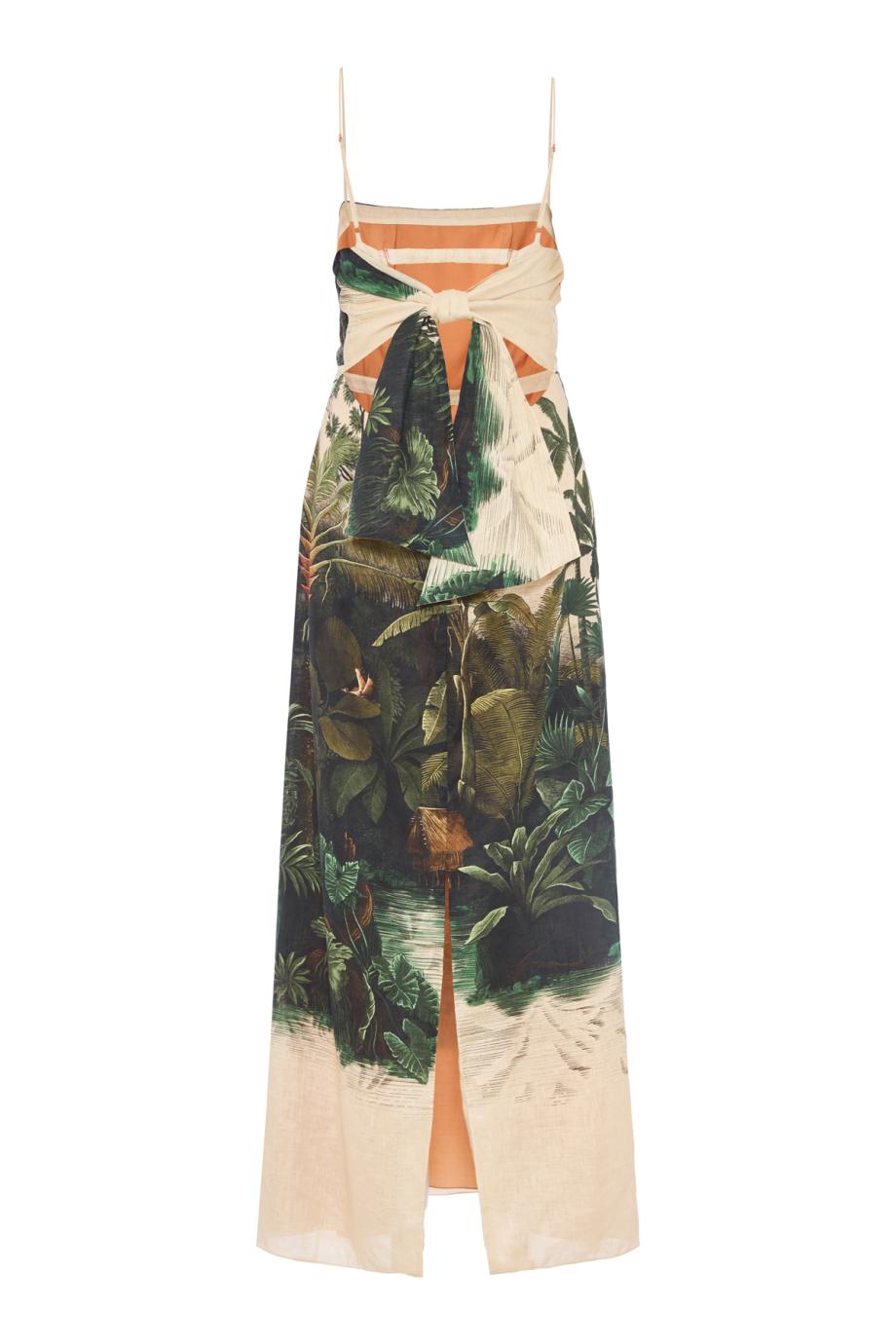 Andean mythology printed linen maxi dress in green