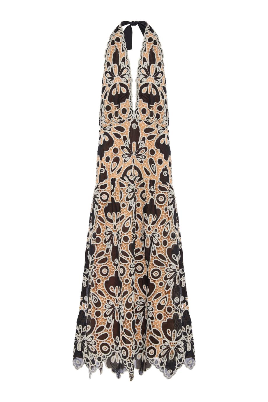 Verso Luminoso guipure lace halterneck maxi dress in black