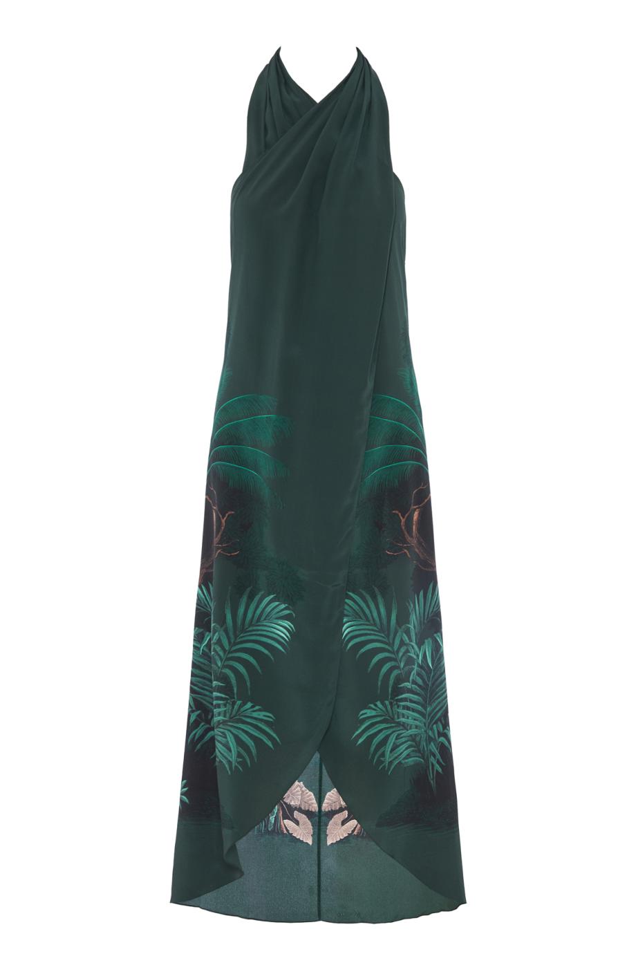 Silent Water printed silk maxi dress in dark green
