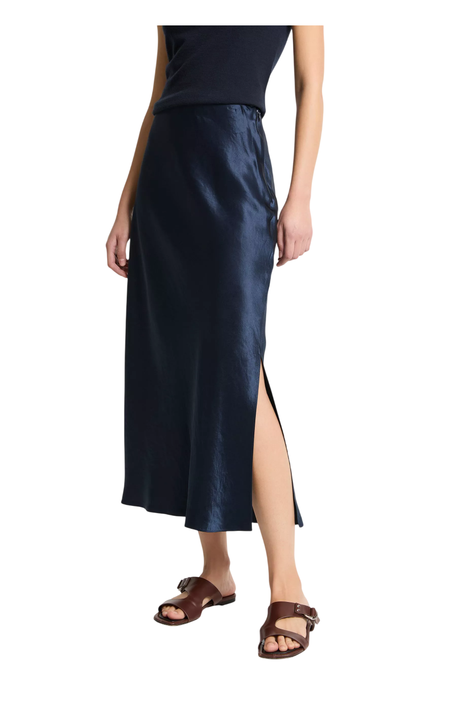 Crinkled satin midi skirt in coastal blue