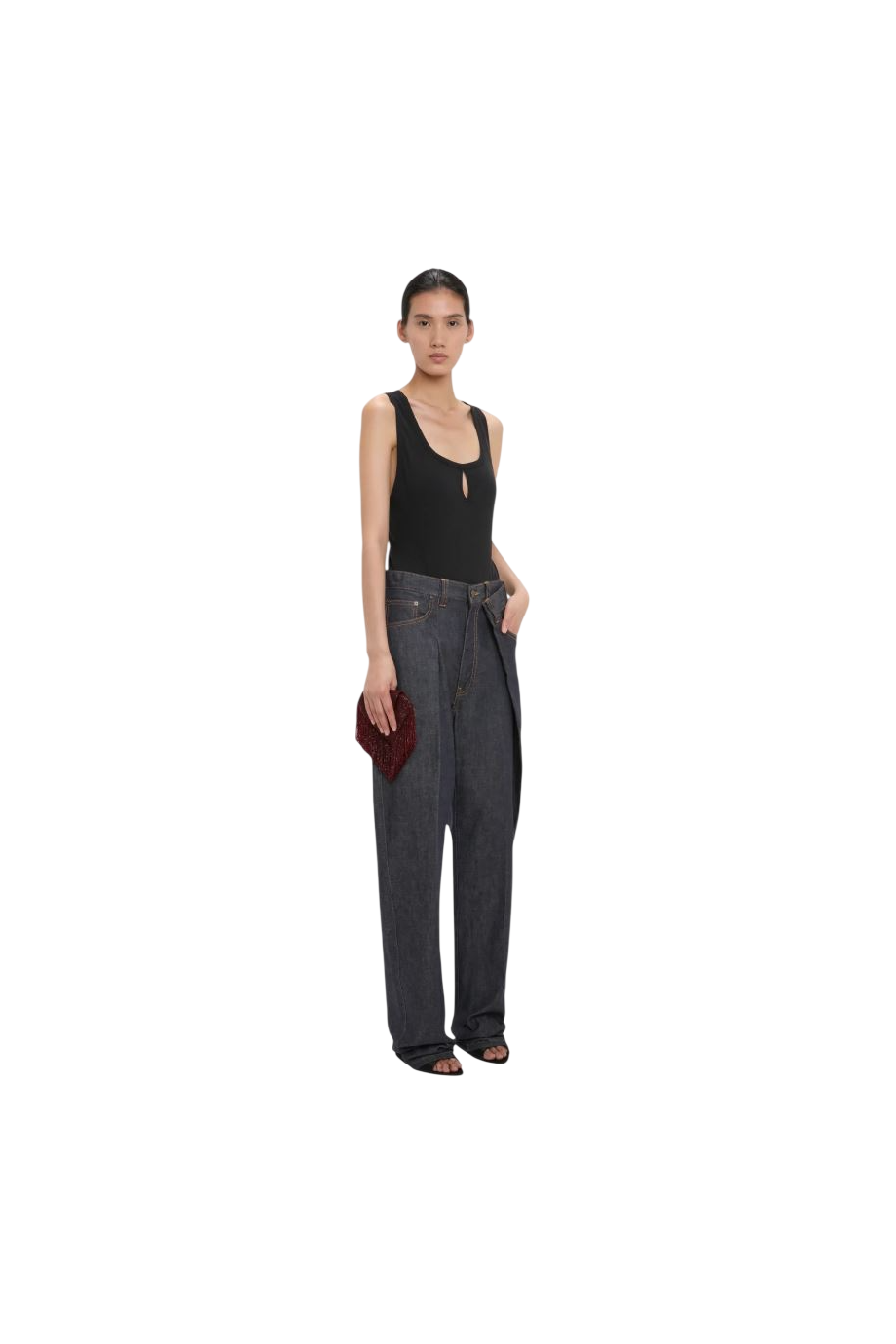 Split cotton and linen tank top in black