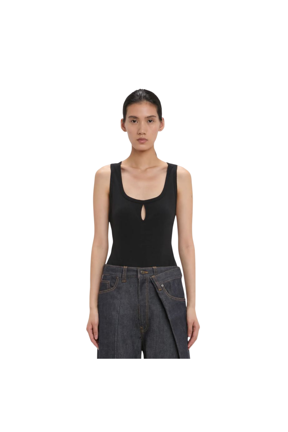 Split cotton and linen tank top in black