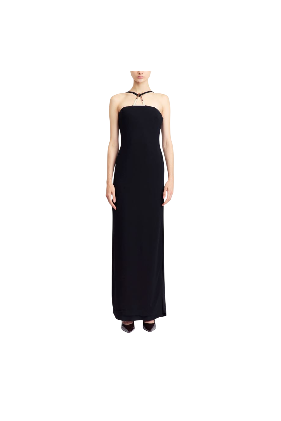 Ilian metal-trimmed crepe gown in black
