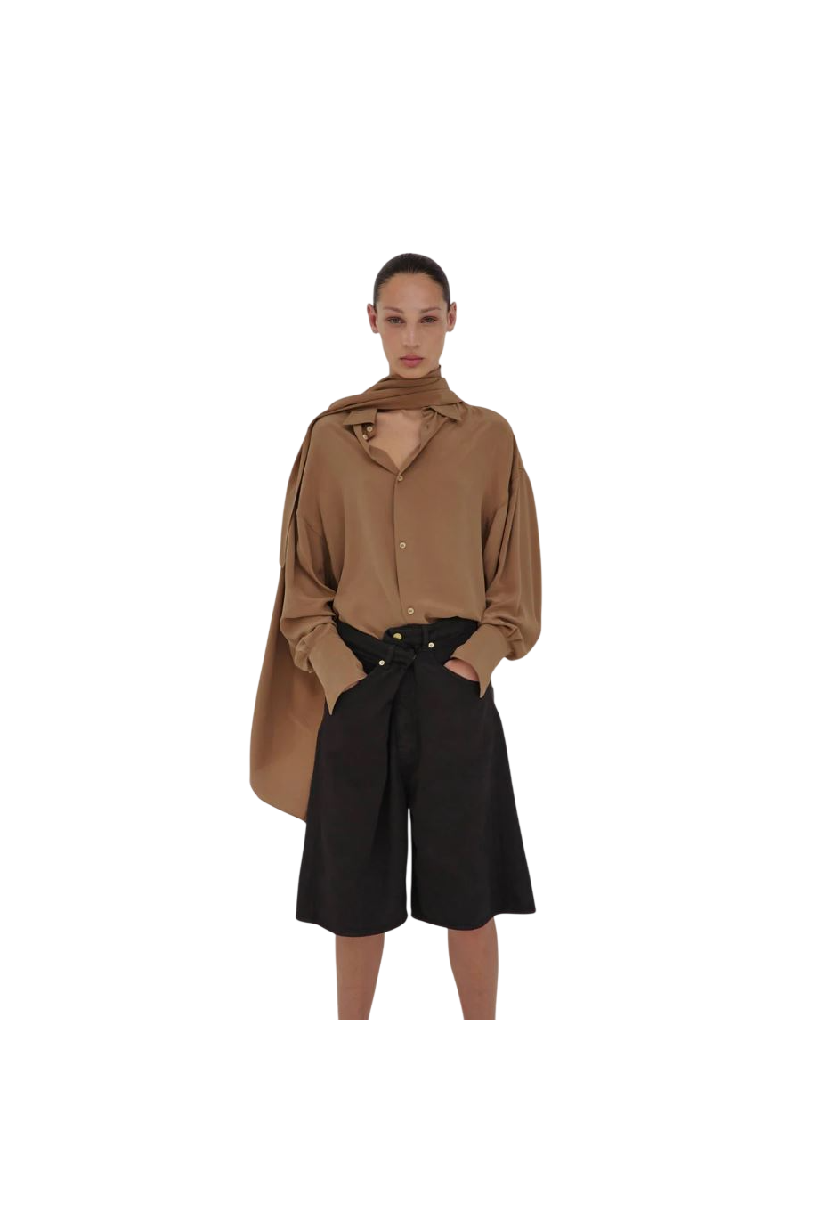 Ines denim fold-over shorts in brown