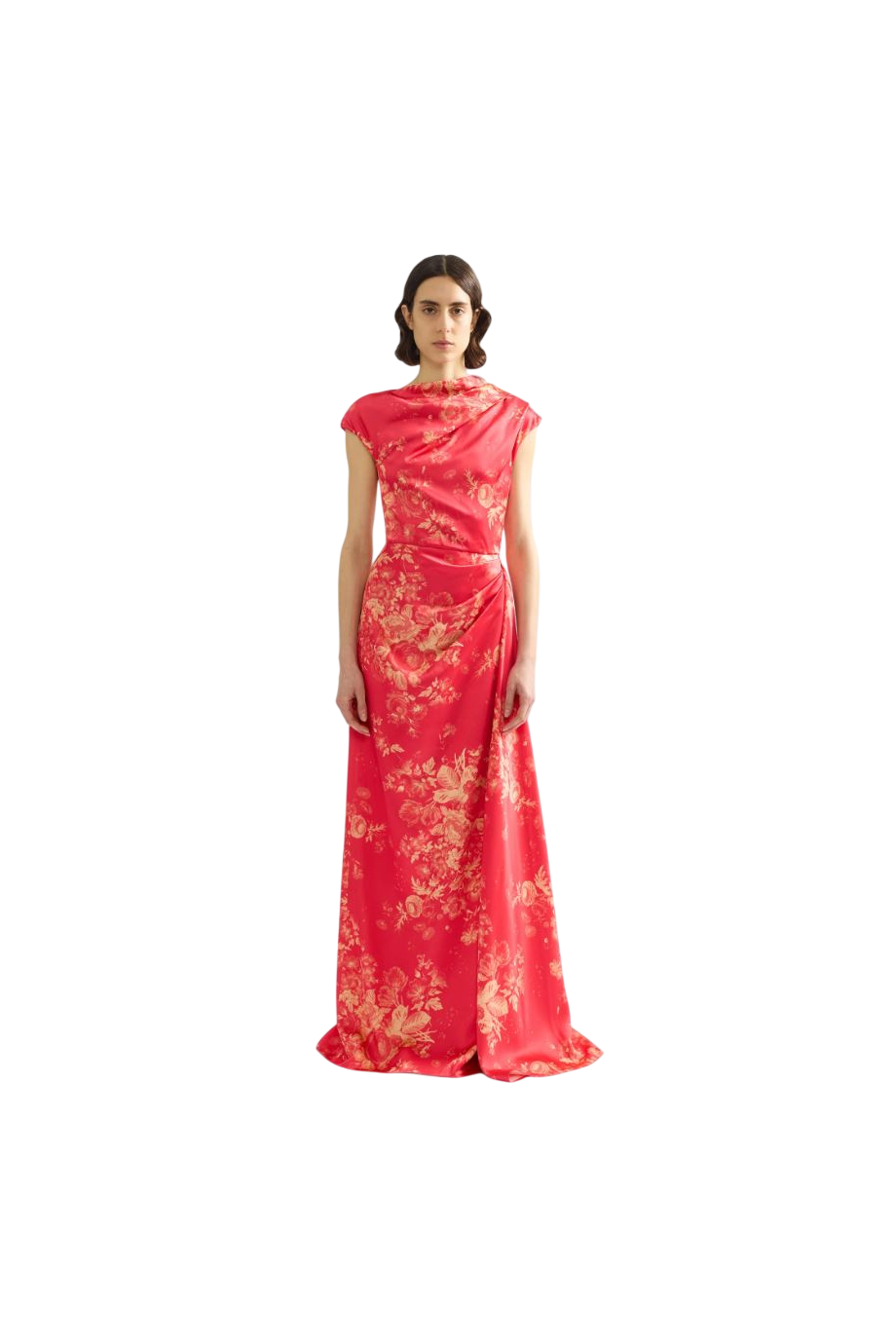 Duchesse printed satin gown in blossom pink