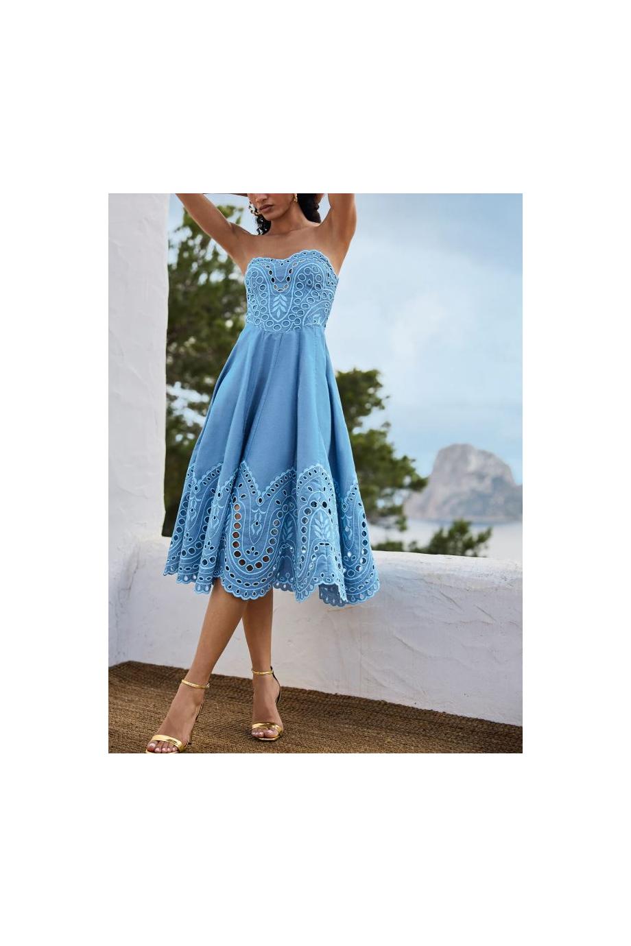 Marlin broderie cotton-blend midi dress in azul 