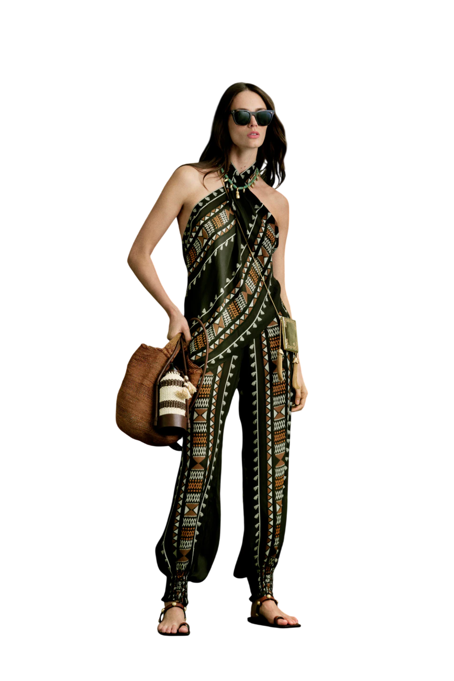 Ancestral printed silk halter top in forest green