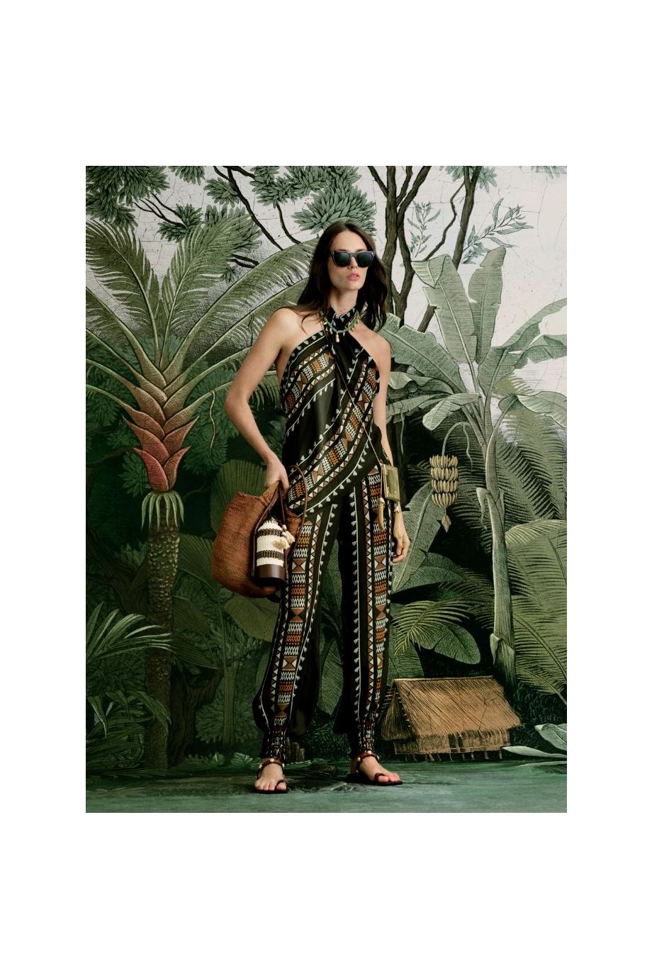 Ancestral printed silk halter top in forest green 