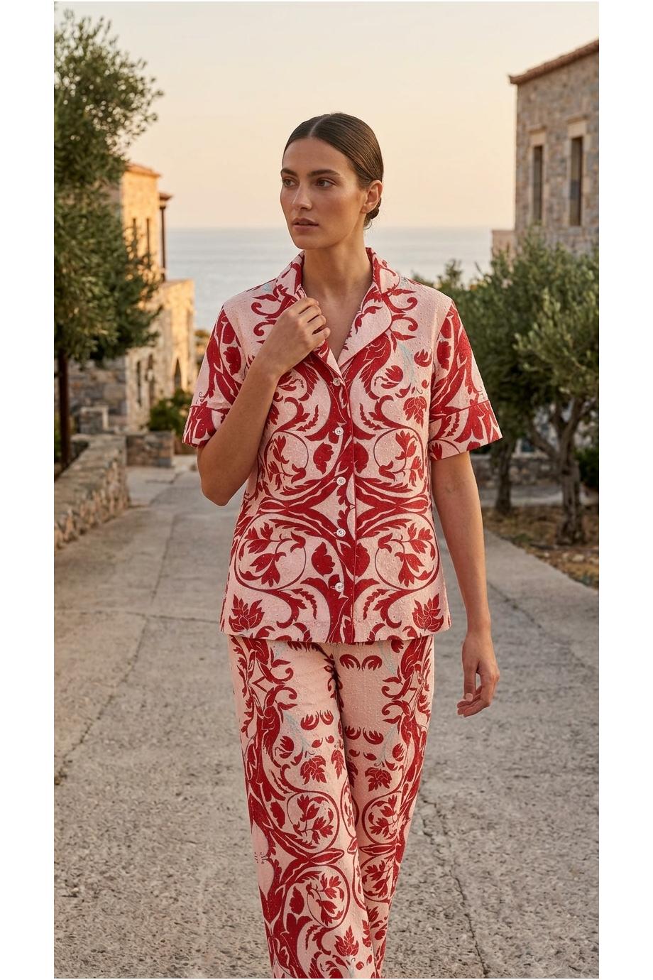 Bendis 906 printed cotton pajama shirt in red barque