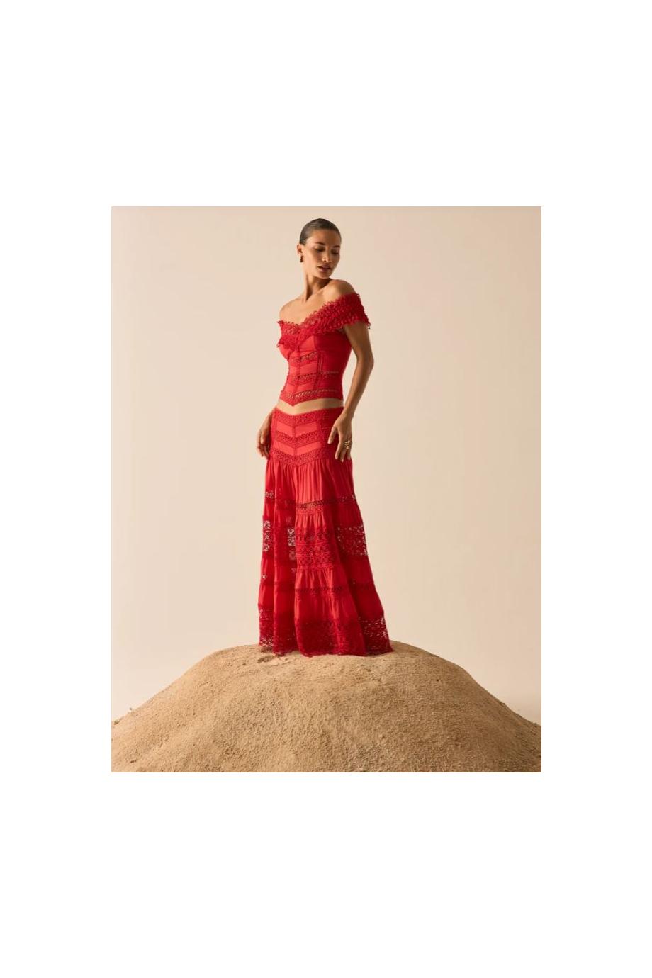 Serza lace-paneled cotton midi skirt in red 