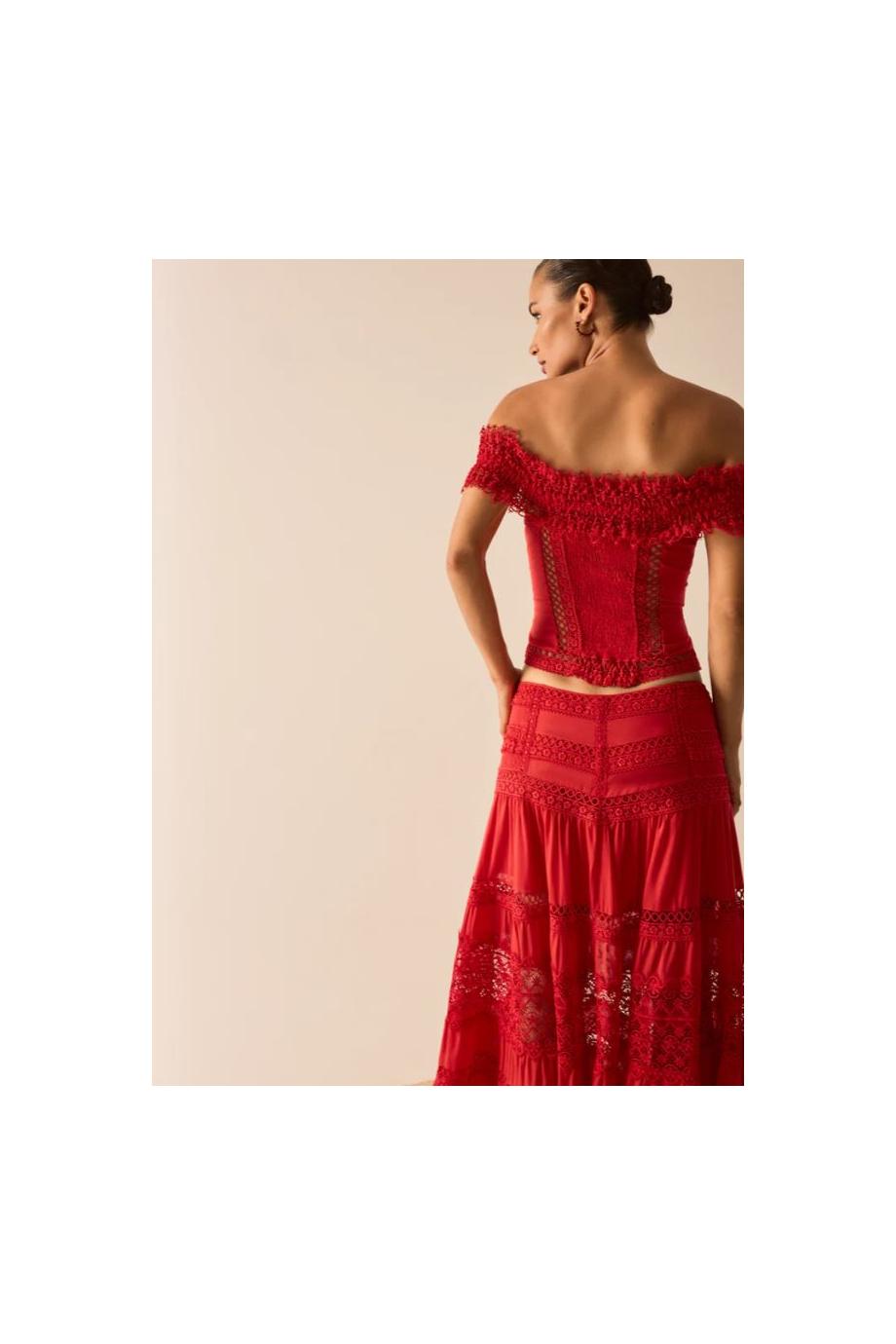 Serza lace-paneled cotton midi skirt in red 