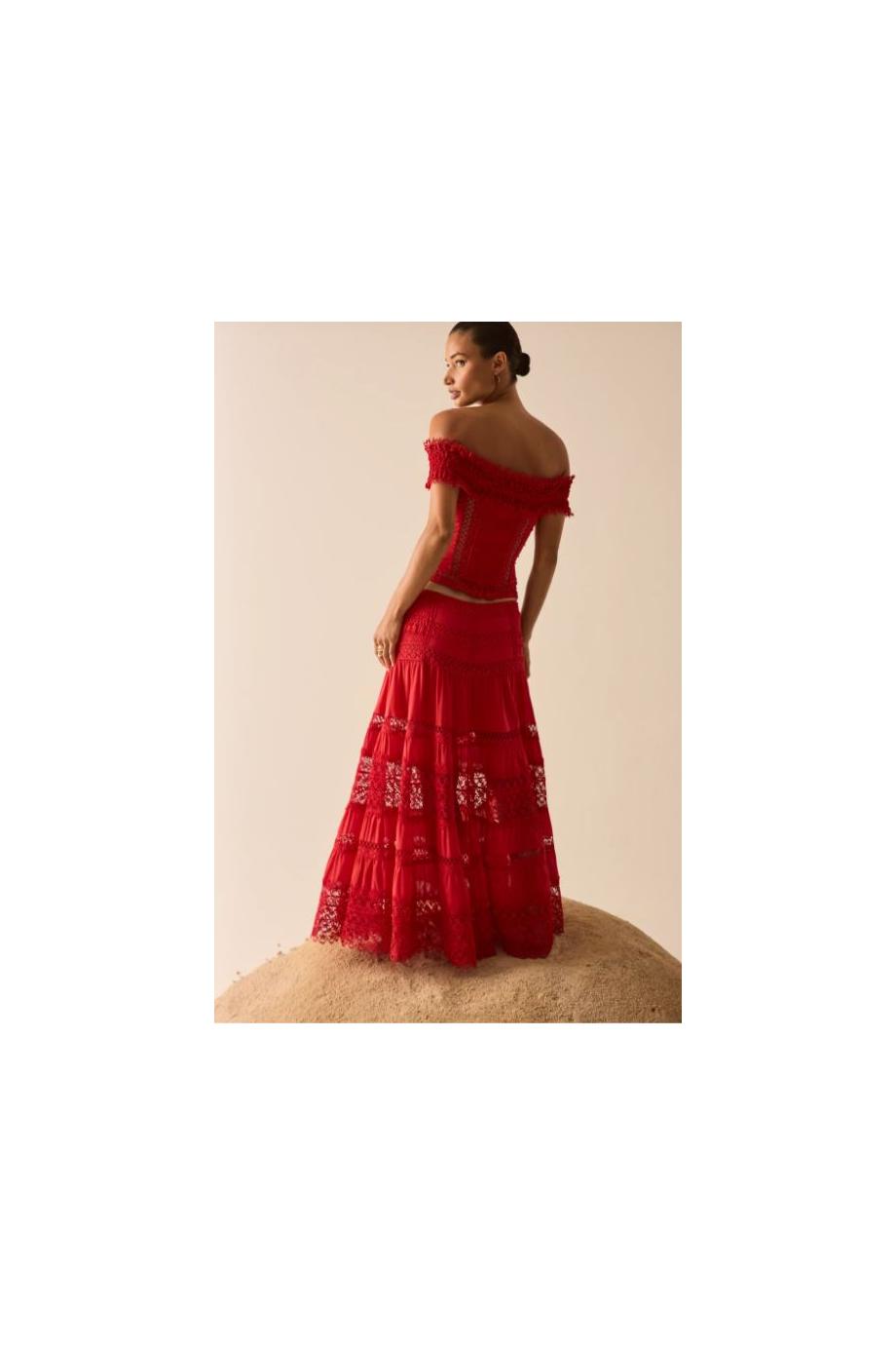 Serza lace-paneled cotton midi skirt in red 