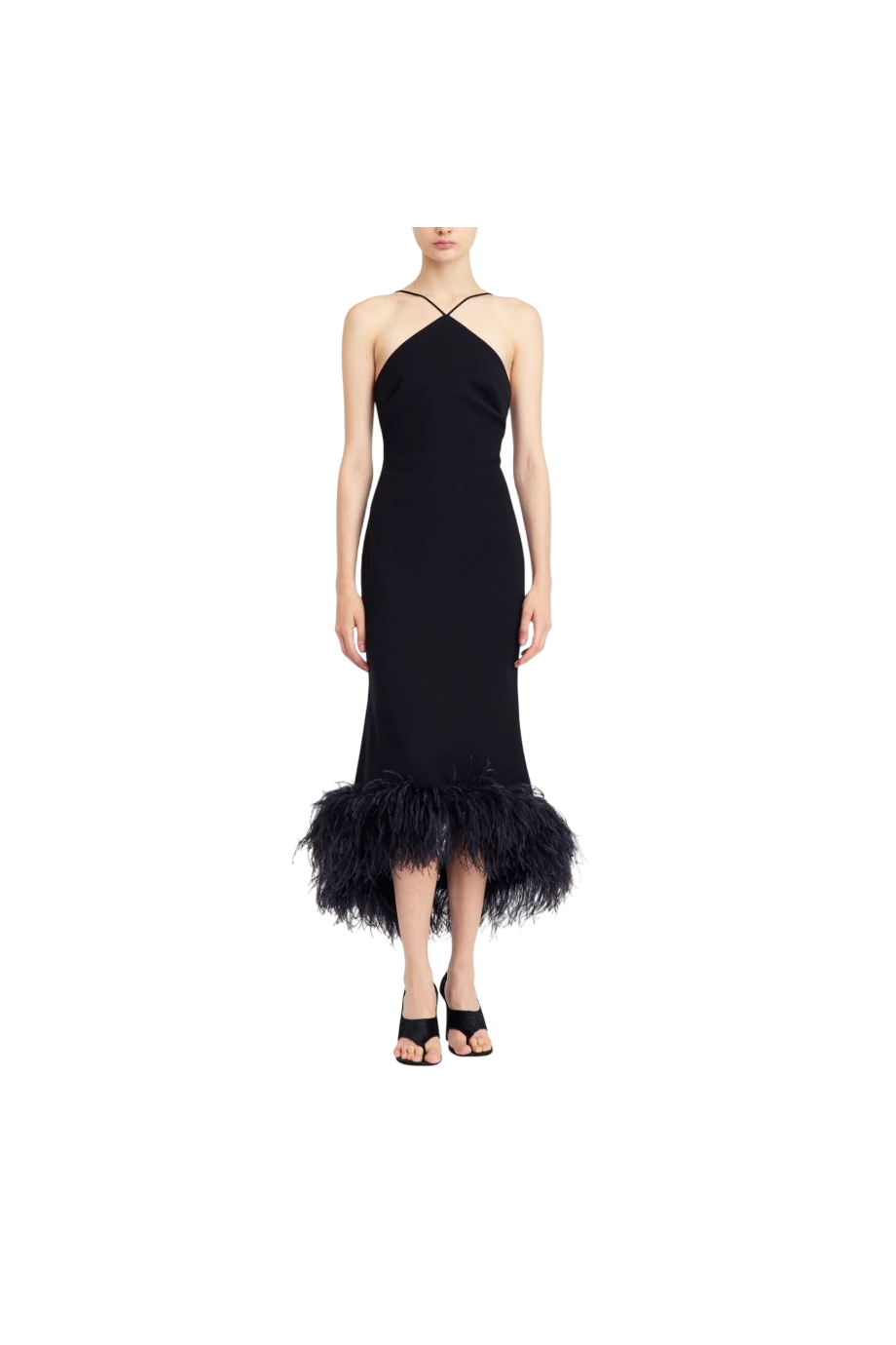 Ade feather-trimmed crepe midi dress in black