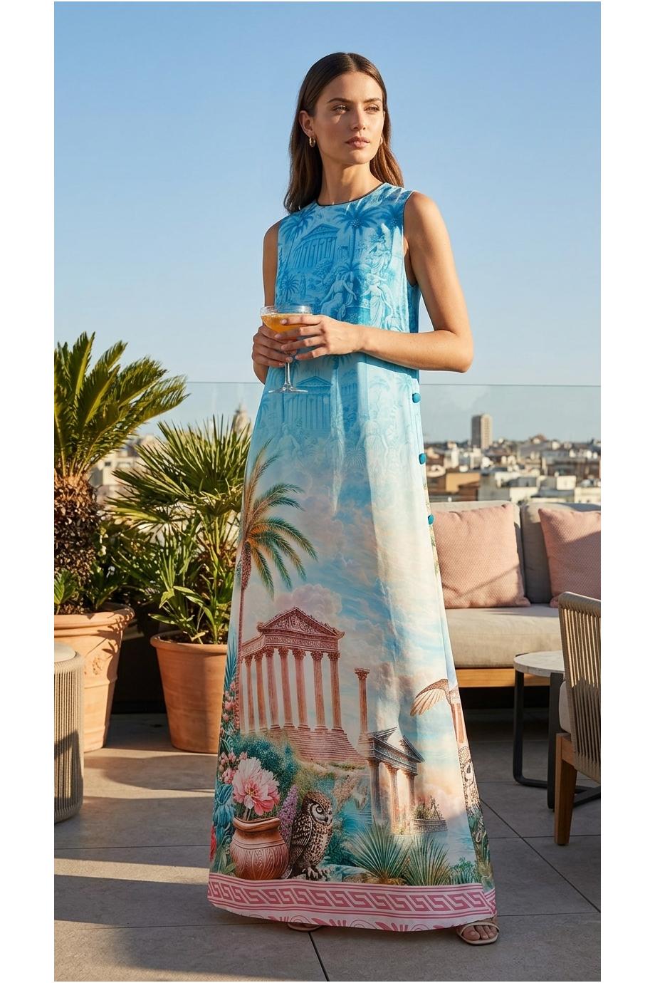 F.R.S. Special Edition - Penelope printed silk maxi dress in owl blue