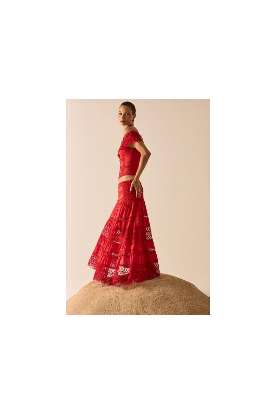 Serza lace-paneled cotton midi skirt in red 