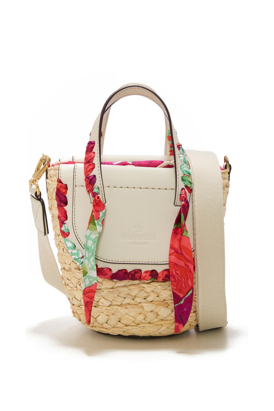 Habanera silk, raffia and leather shoulder bag in roseto