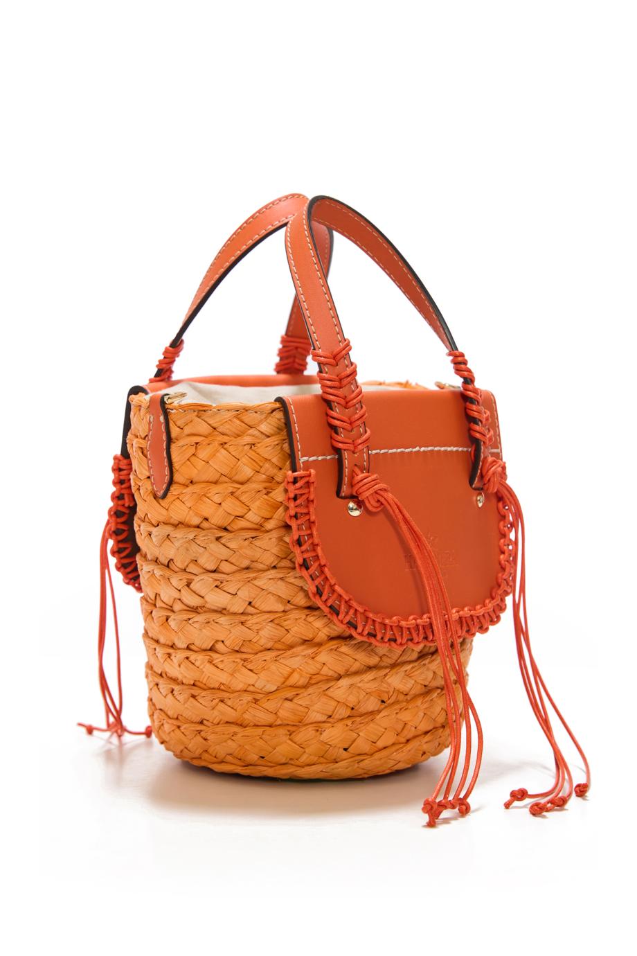 Habanera raffia and leather shoulder bag in framboyan
