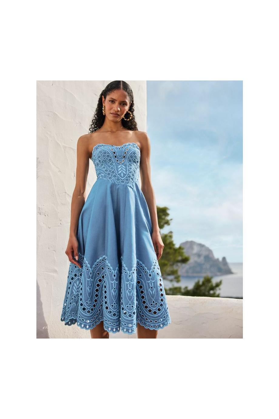 Marlin broderie cotton-blend midi dress in azul 
