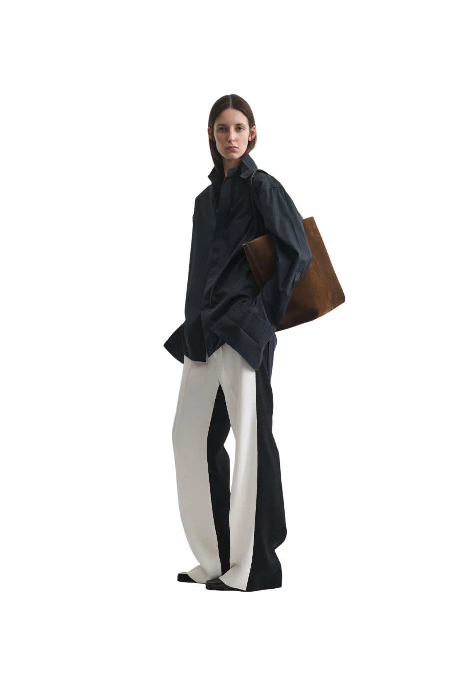 Two-tone silk-blend wide leg pants in parchment/black