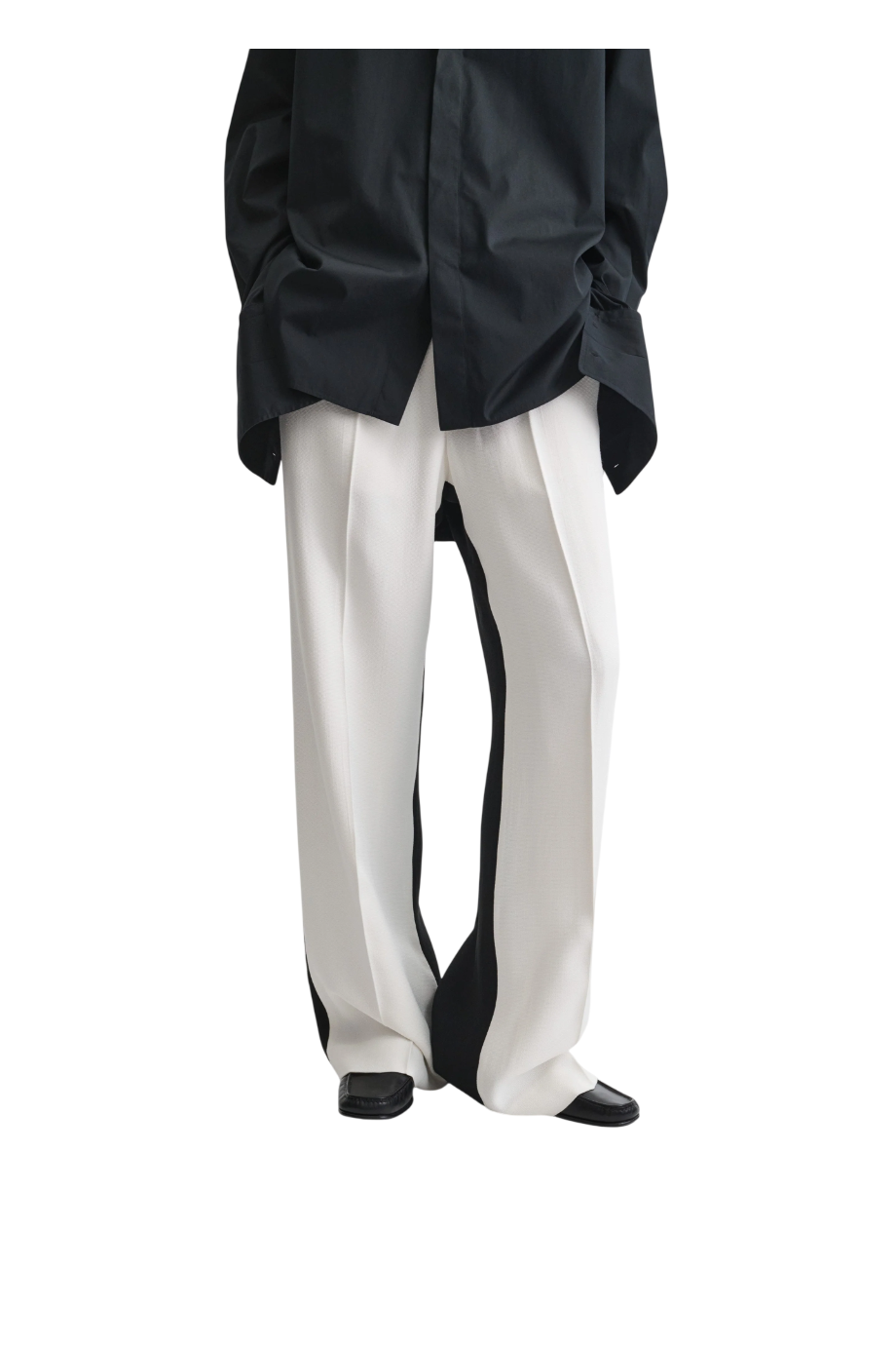 Two-tone silk-blend wide leg pants in parchment/black