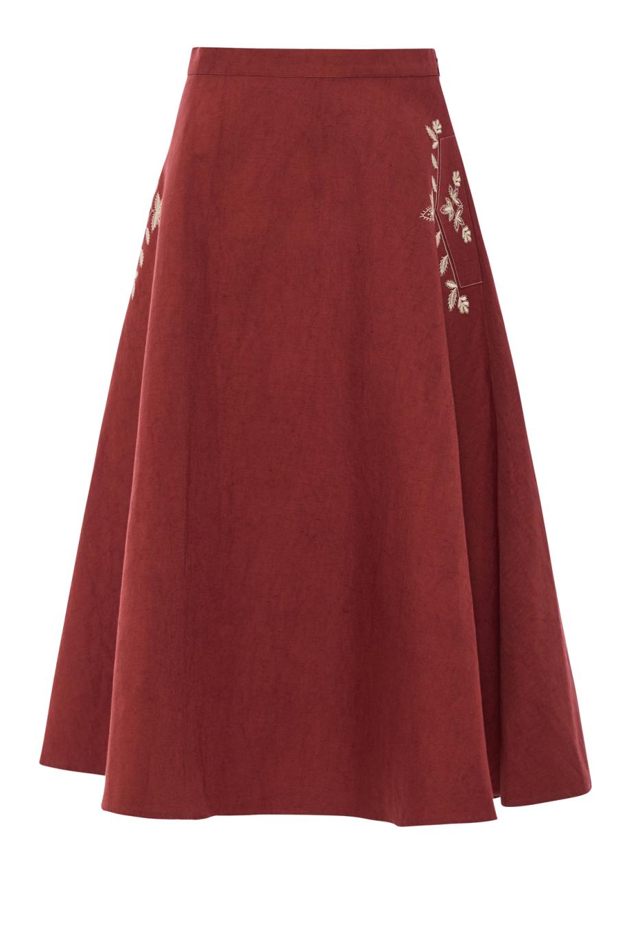 Nicole embroidered linen midi skirt in ruby