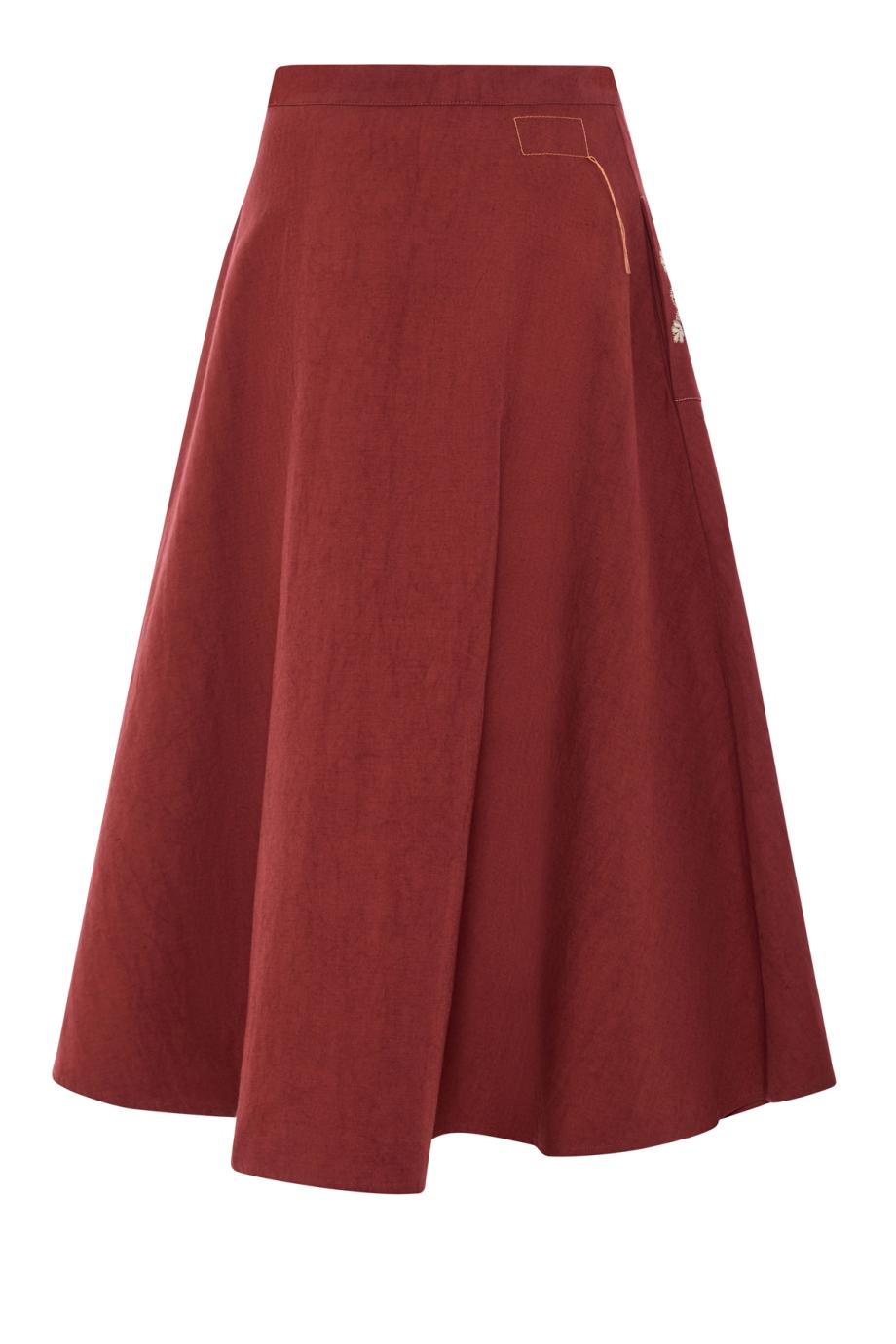 Nicole embroidered linen midi skirt in ruby