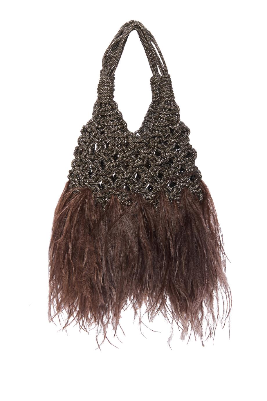 Vannifique crystal and feather top handle bag in black 