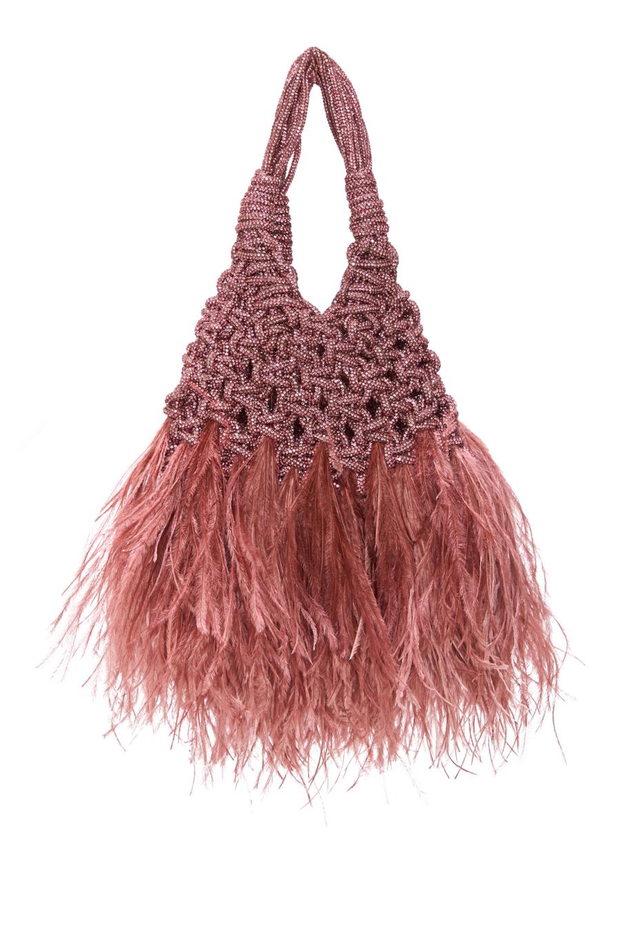 Vannifique crystal and feather top handle bag in rose 