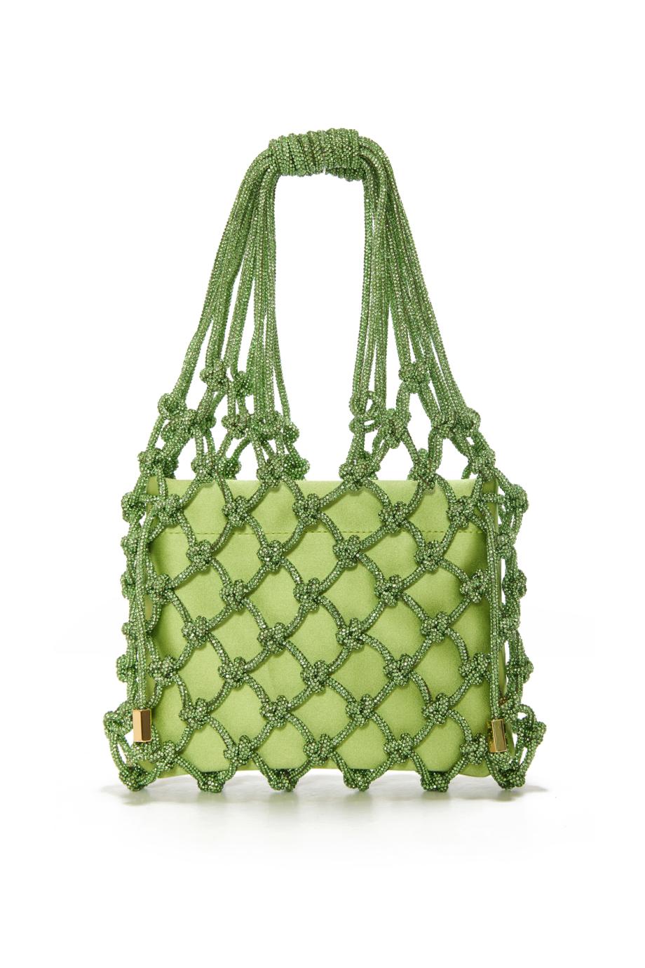  Carrie embellished satin knitted top handle bag in apple green 