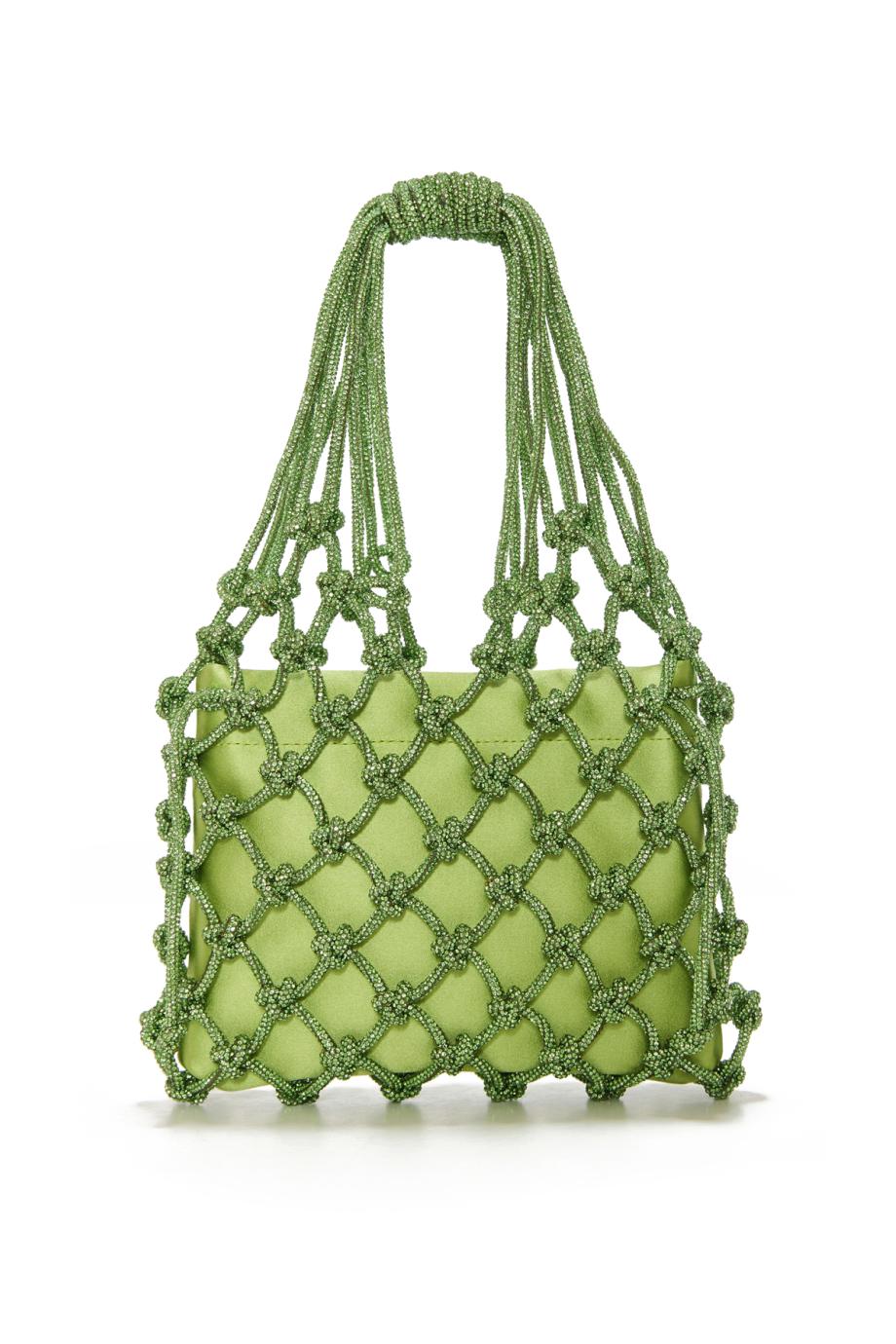  Carrie embellished satin knitted top handle bag in apple green 