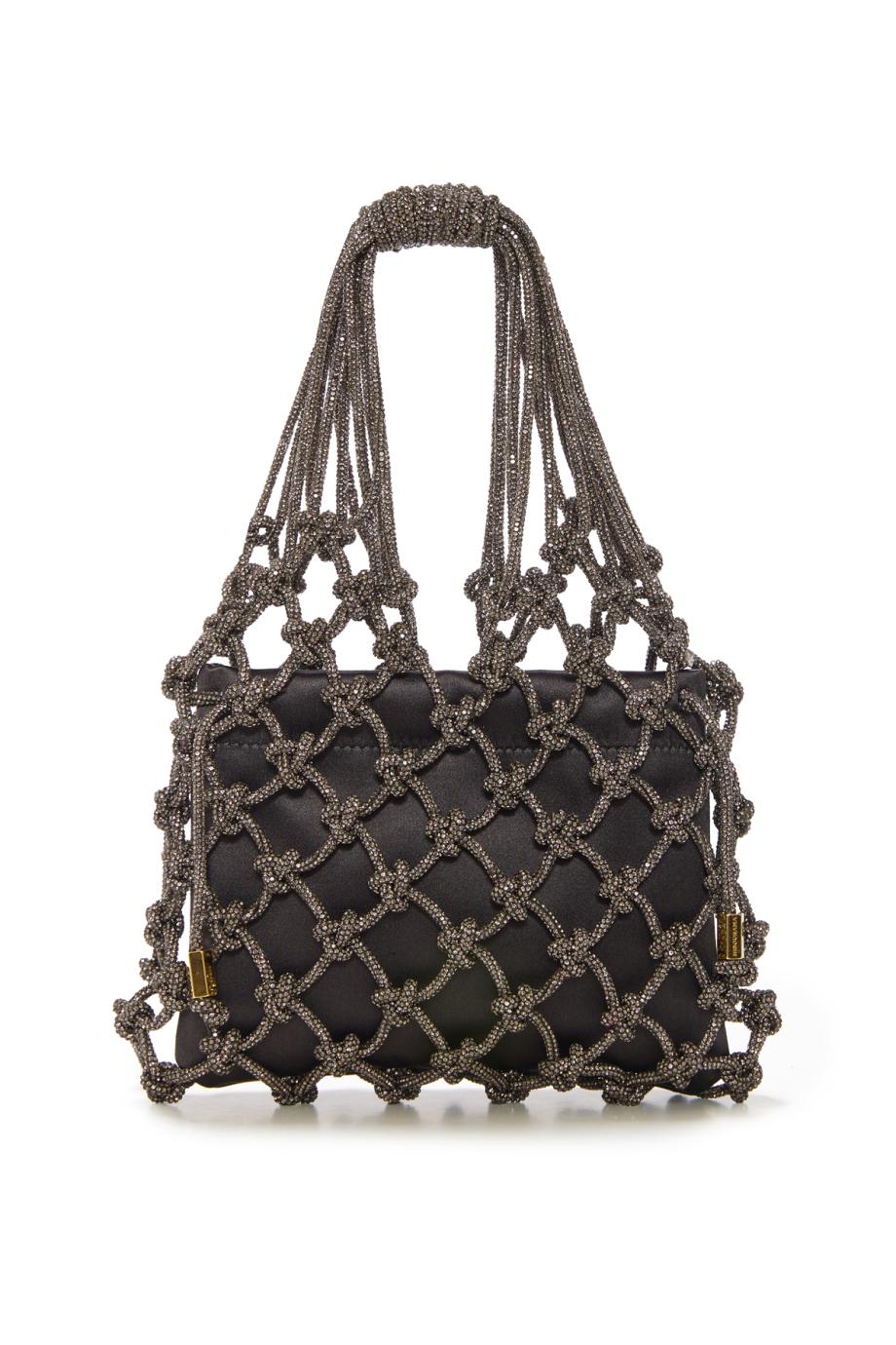 Carrie embellished satin knitted top handle bag in black