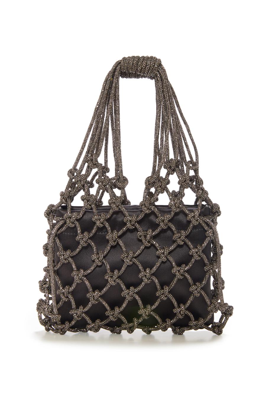 Carrie embellished satin knitted top handle bag in black