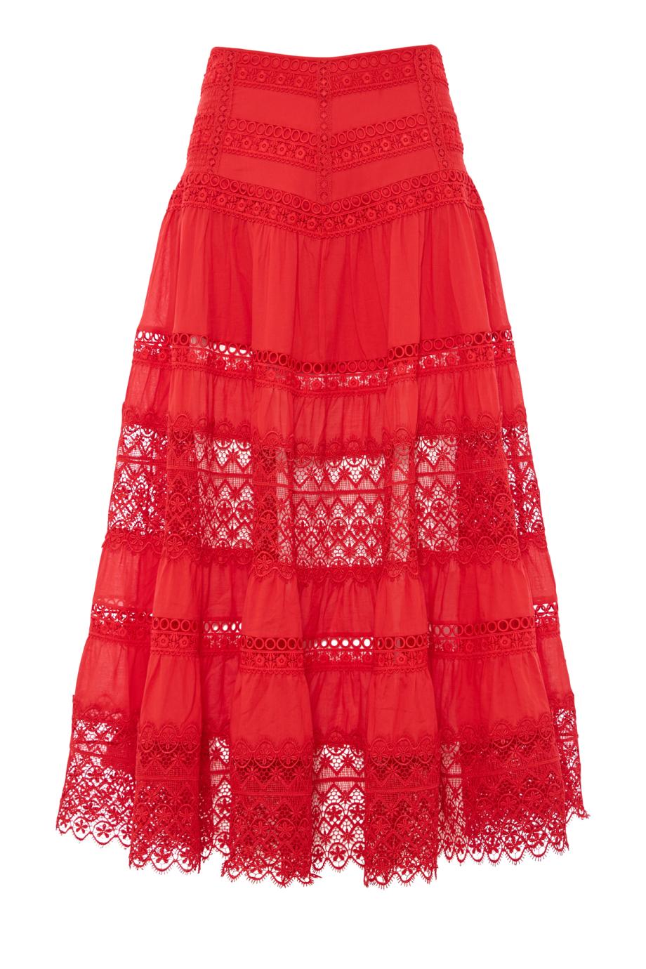 Serza lace-paneled cotton midi skirt in red