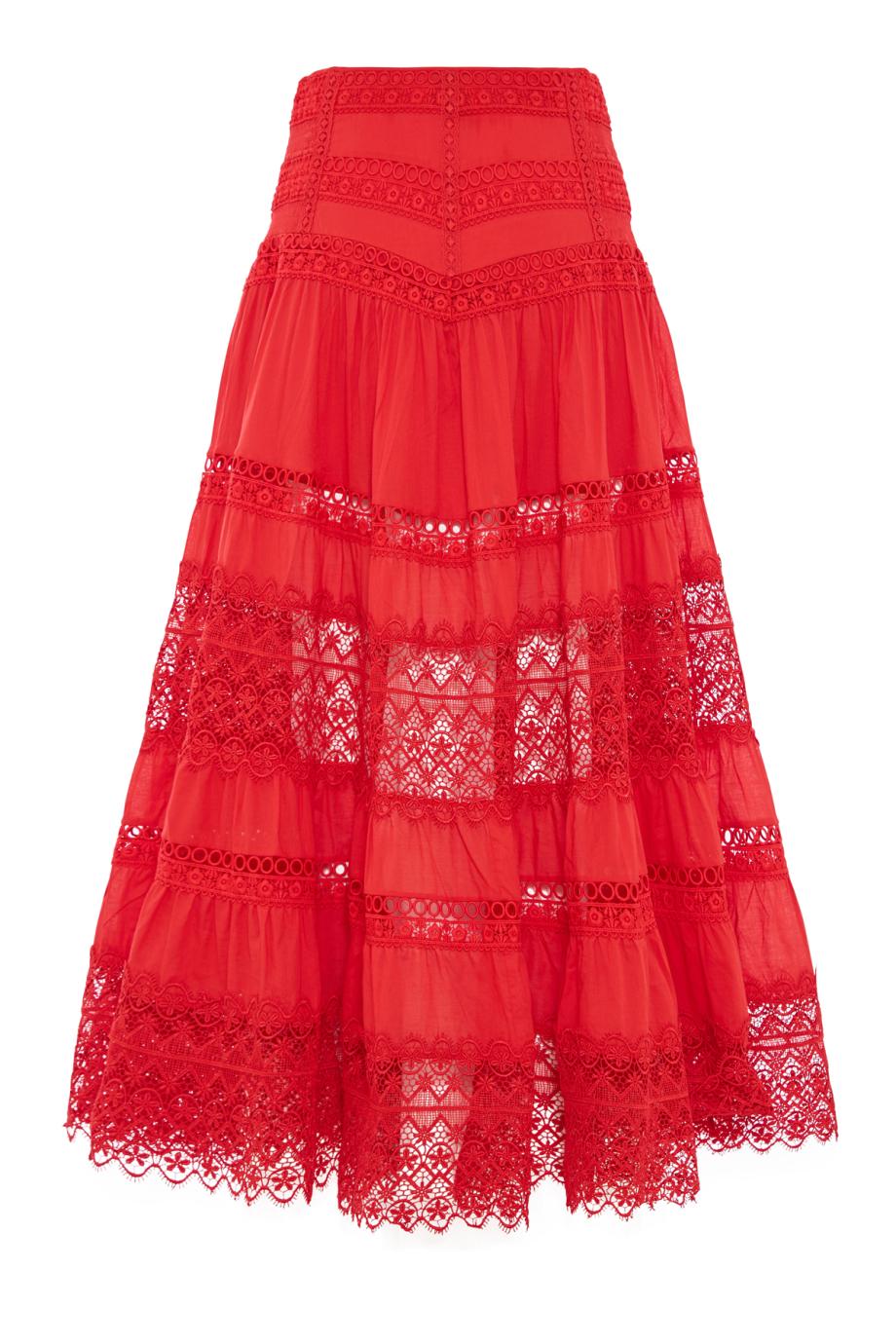 Serza lace-paneled cotton midi skirt in red