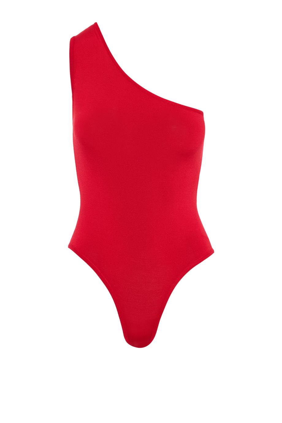 Knitted silk one-shoulder top in red 
