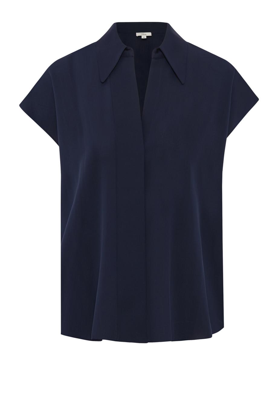 Stretch-Silk Hidden-Placket Cap-Sleeve Blouse in navy