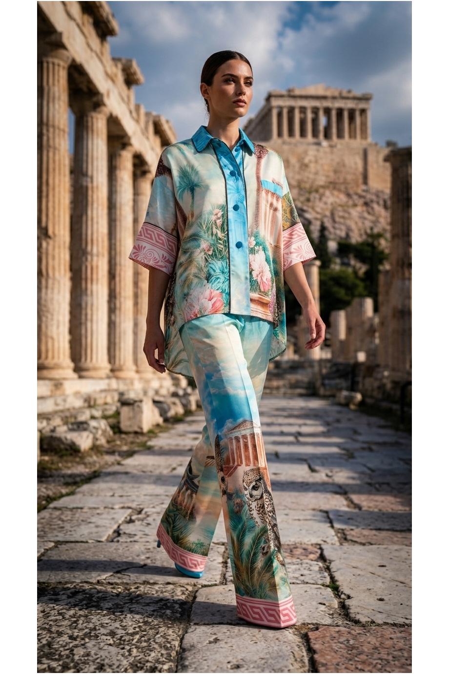 F.R.S. Special Edition - Cariddi printed silk-blend men's shirt in owl blue 