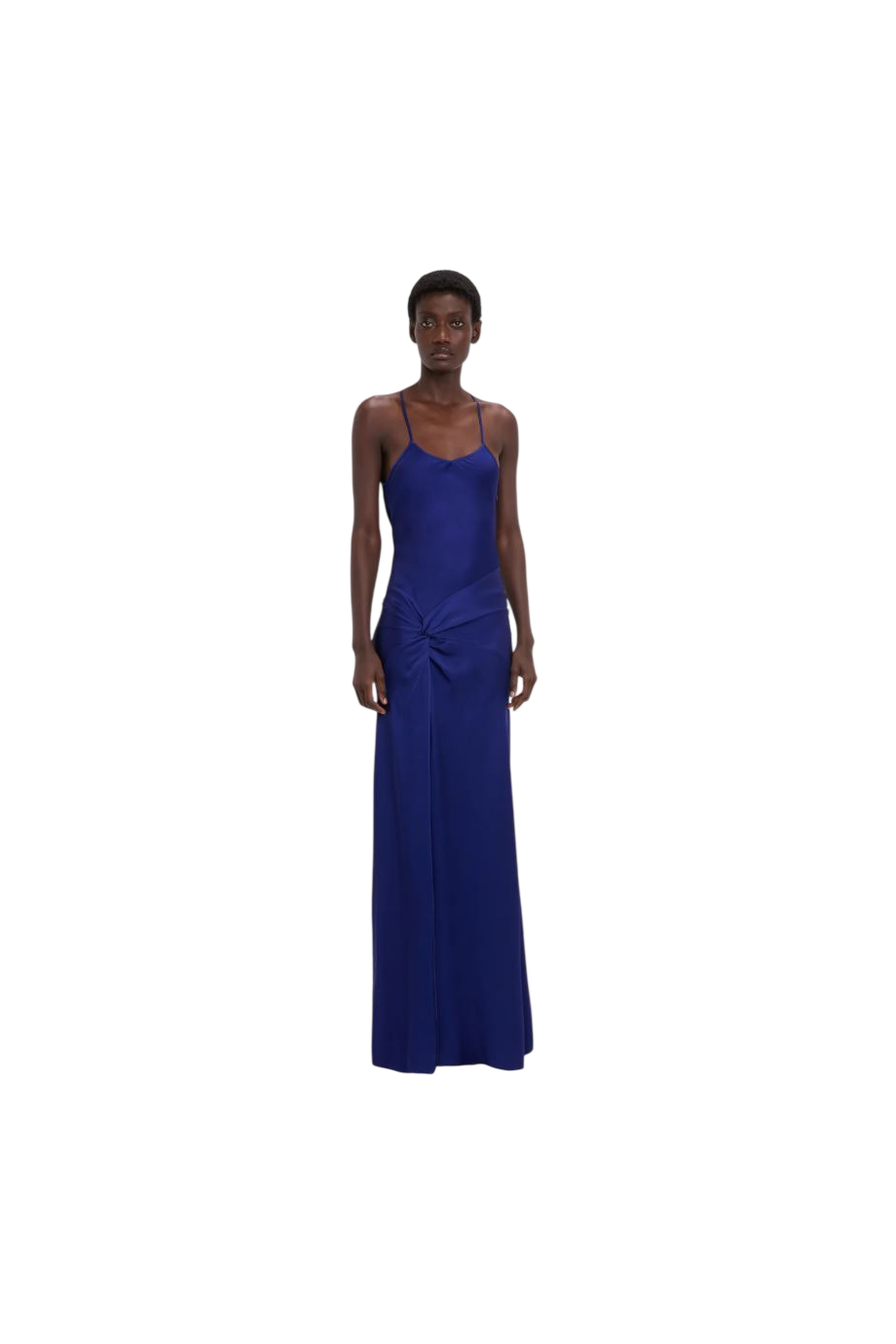 Draped satin gown in indigo
