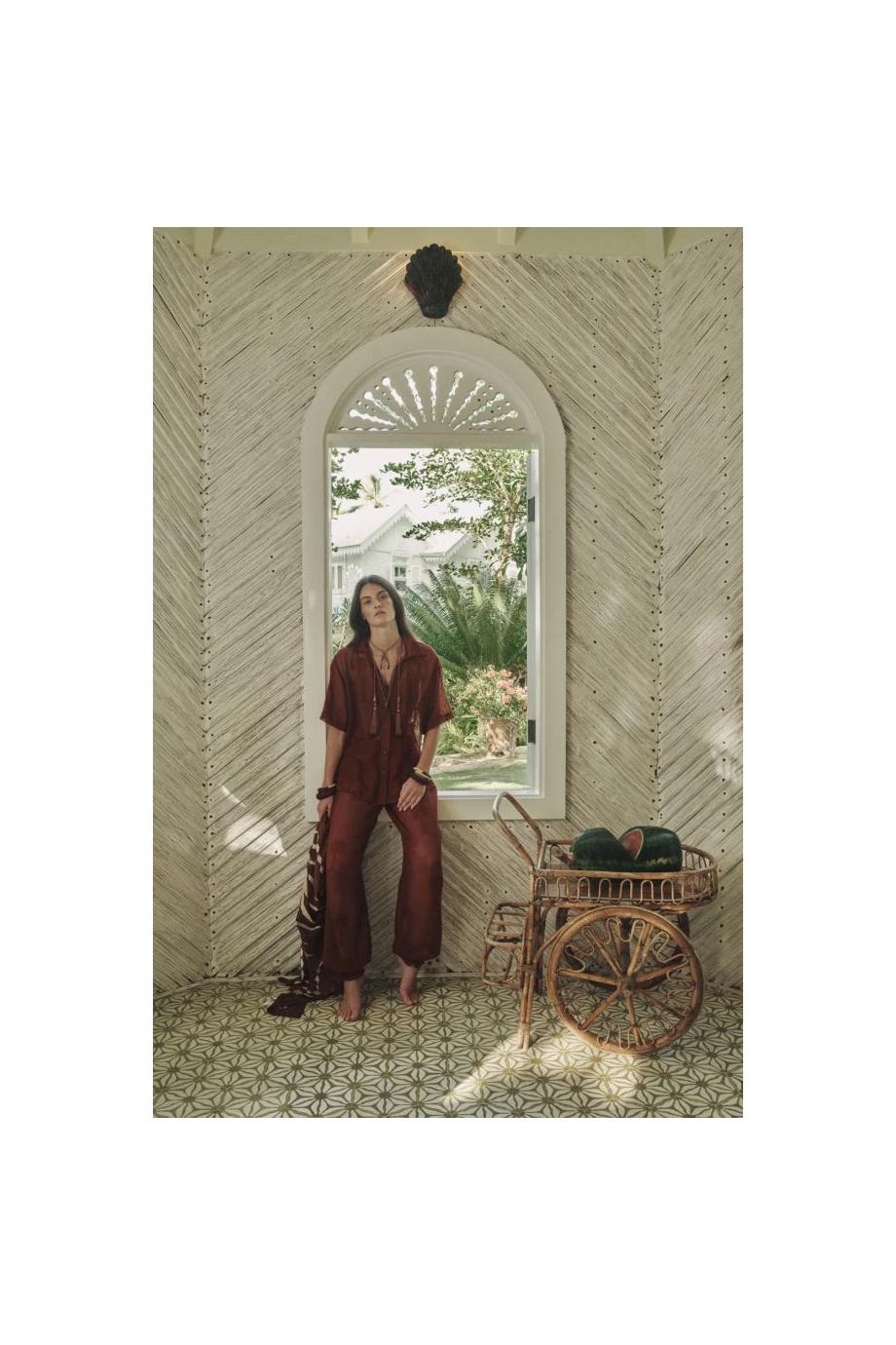 Palm cotton-mesh pants in marsala
