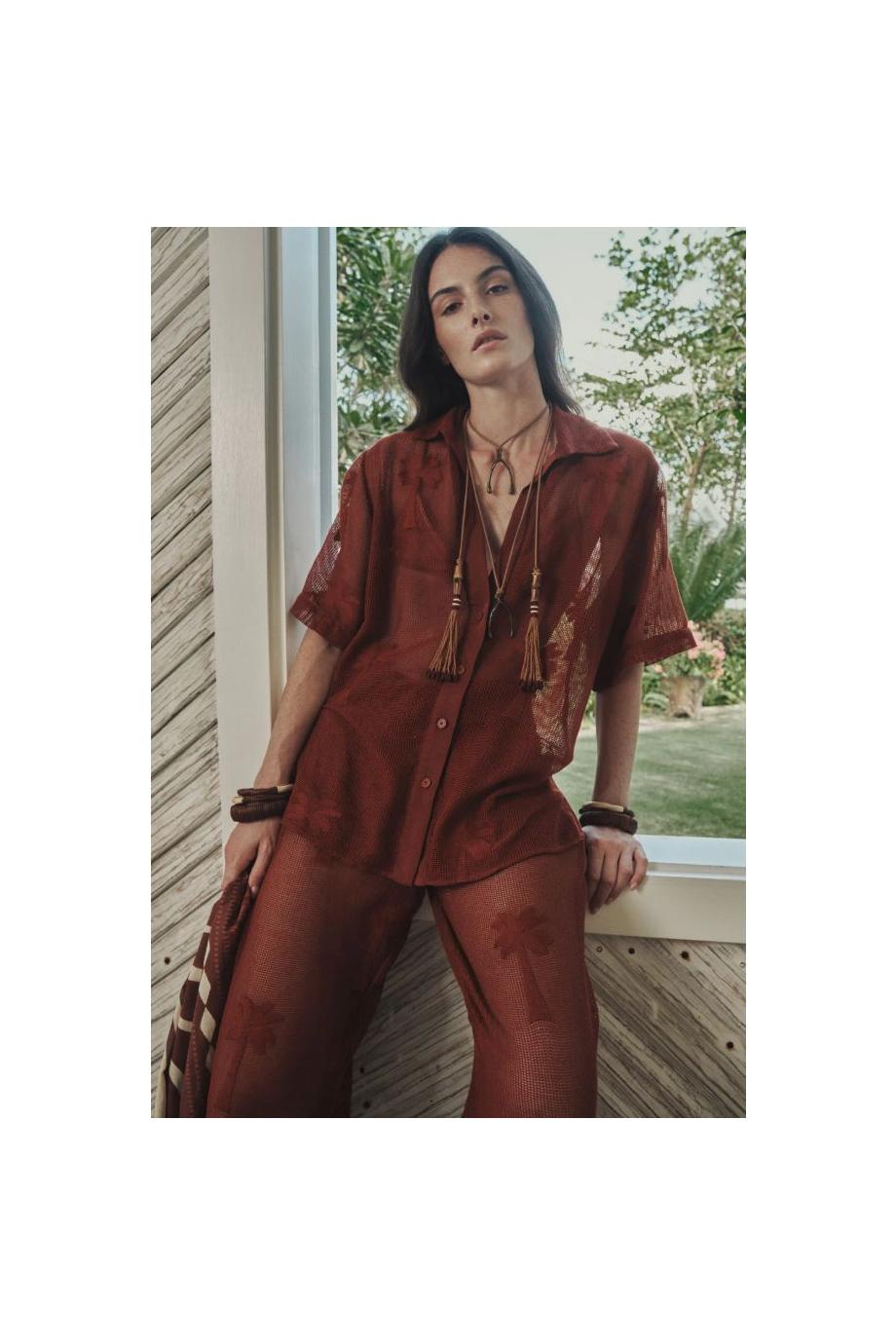 Salty cotton-mesh shirt in marsala 