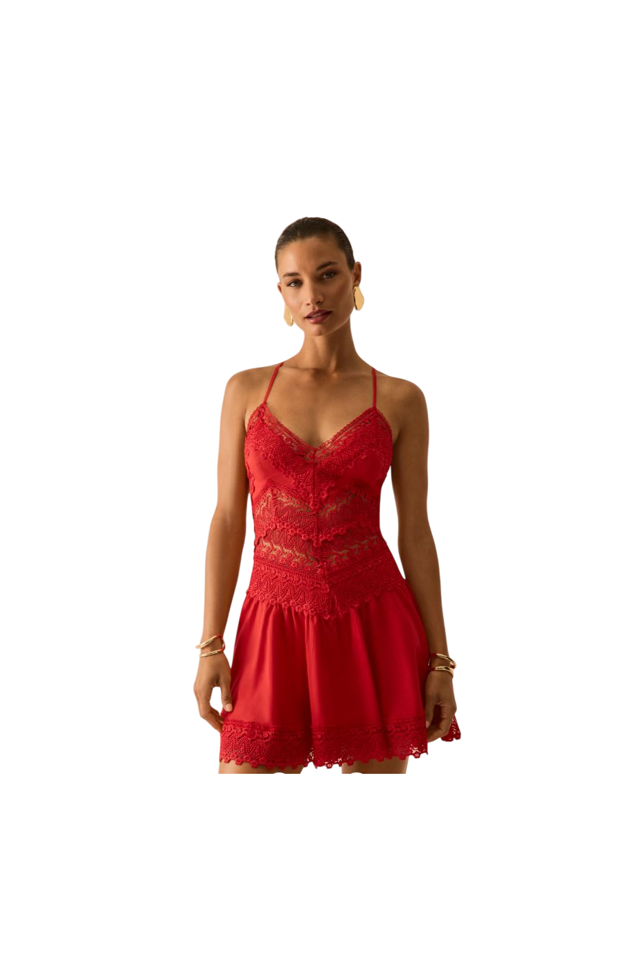 Aveline lace-trimmed cotton mini dress in red