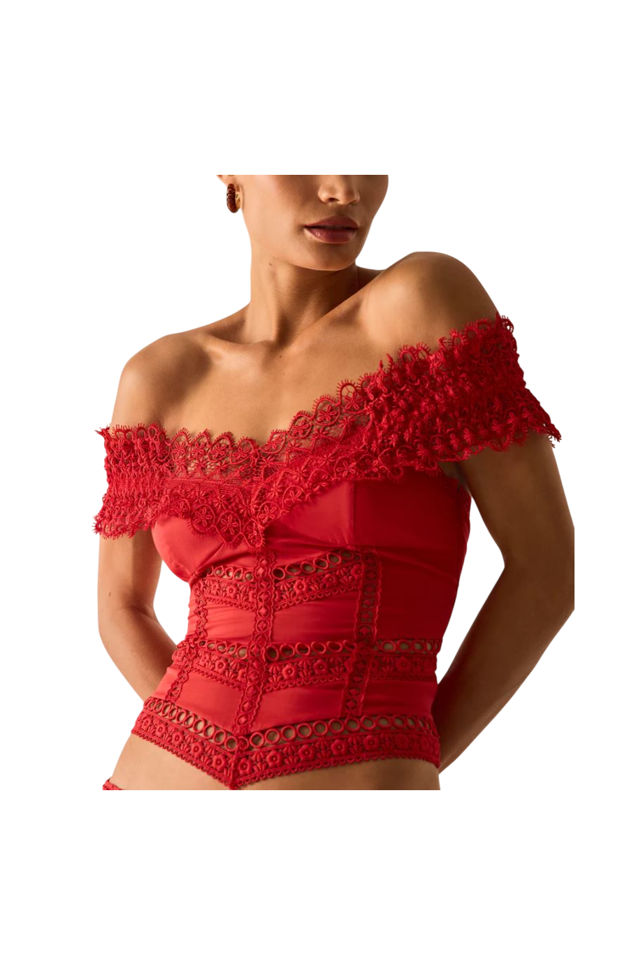 Elisette lace-trimmed cotton top in red
