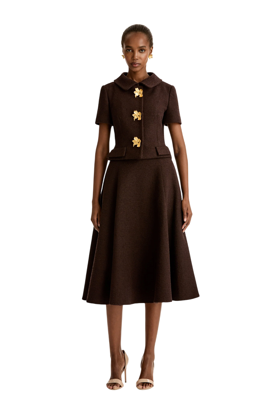 Tweed wool midi skirt in mahogany