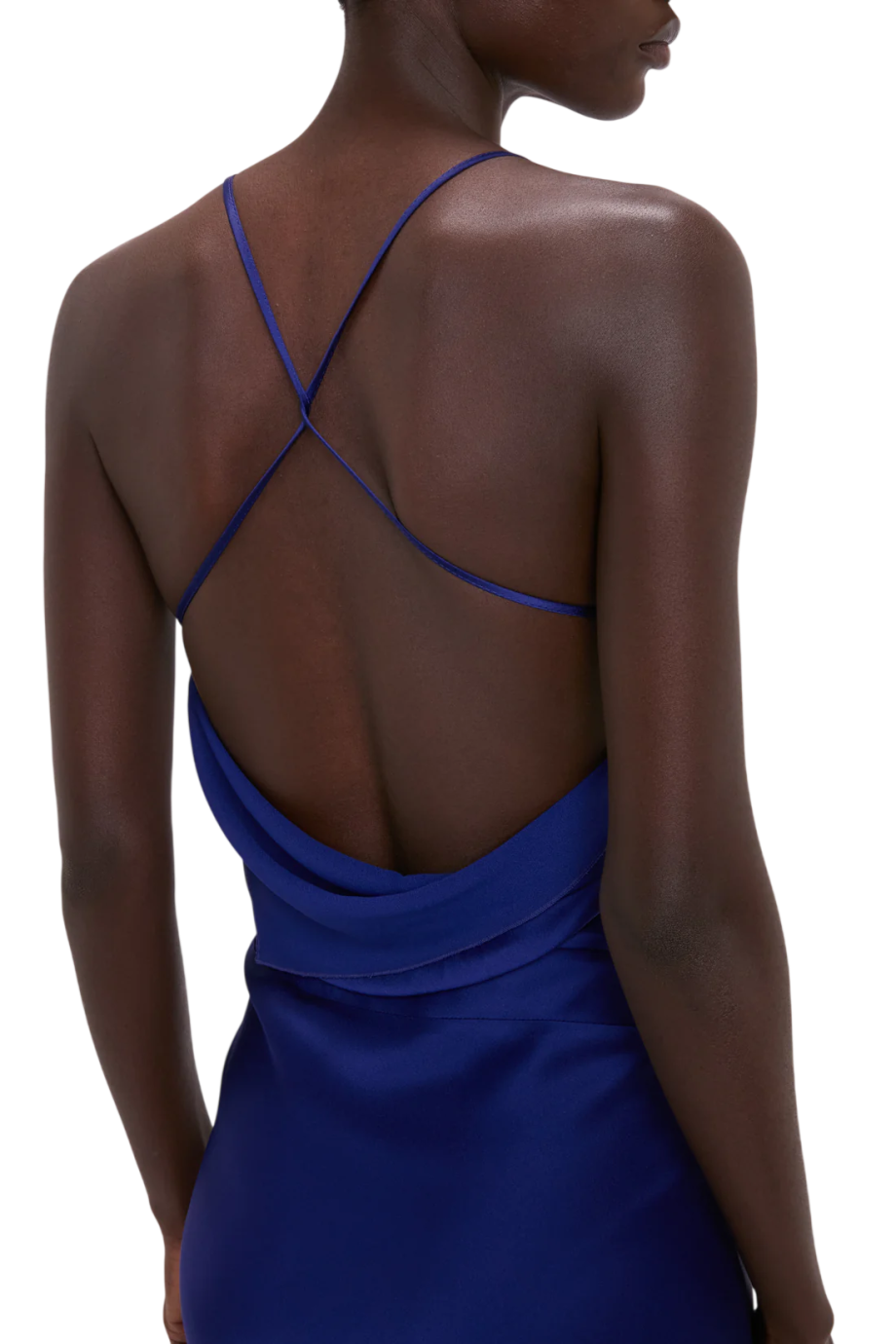 Draped satin gown in indigo