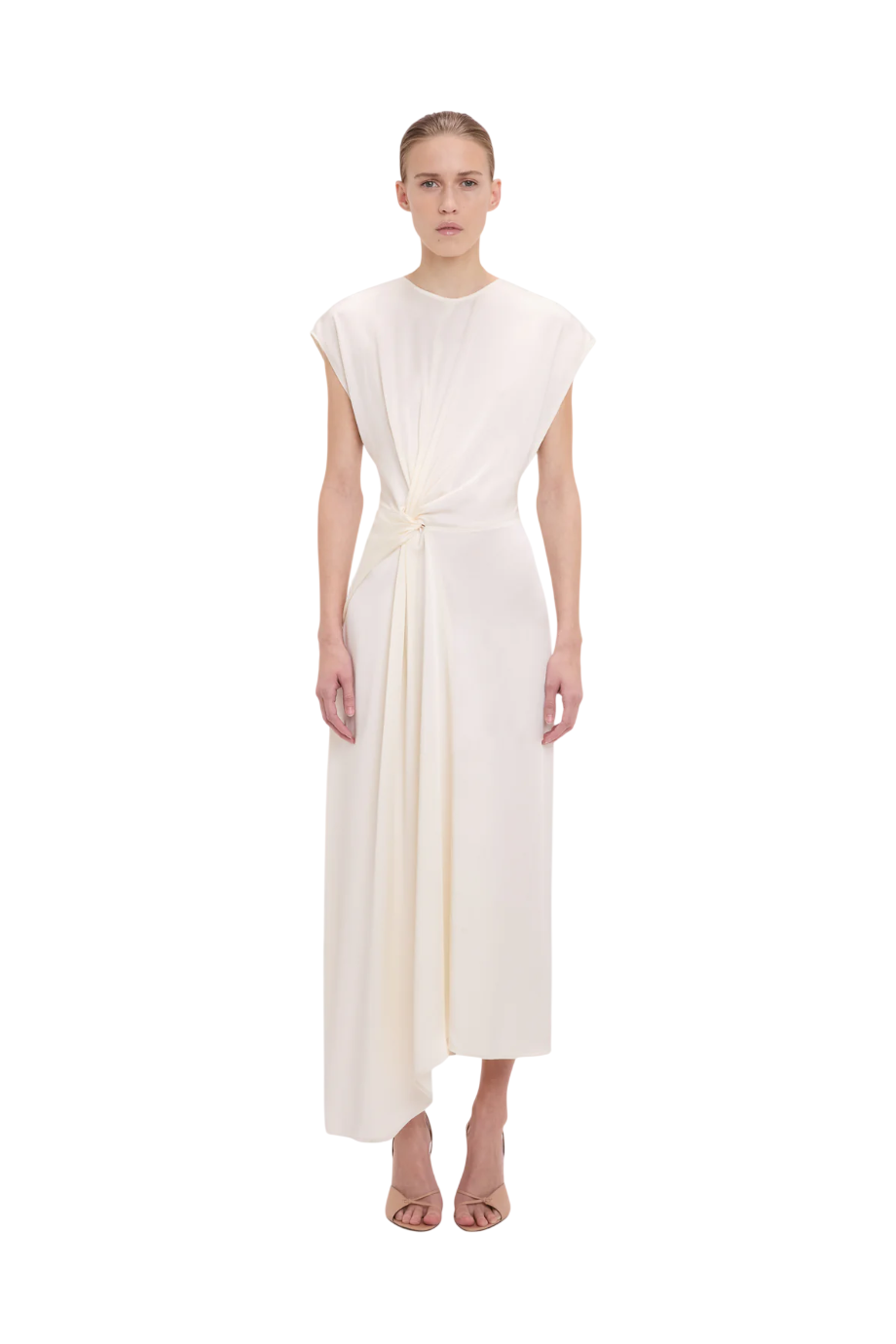 Asymmetric satin midi dress in ivory