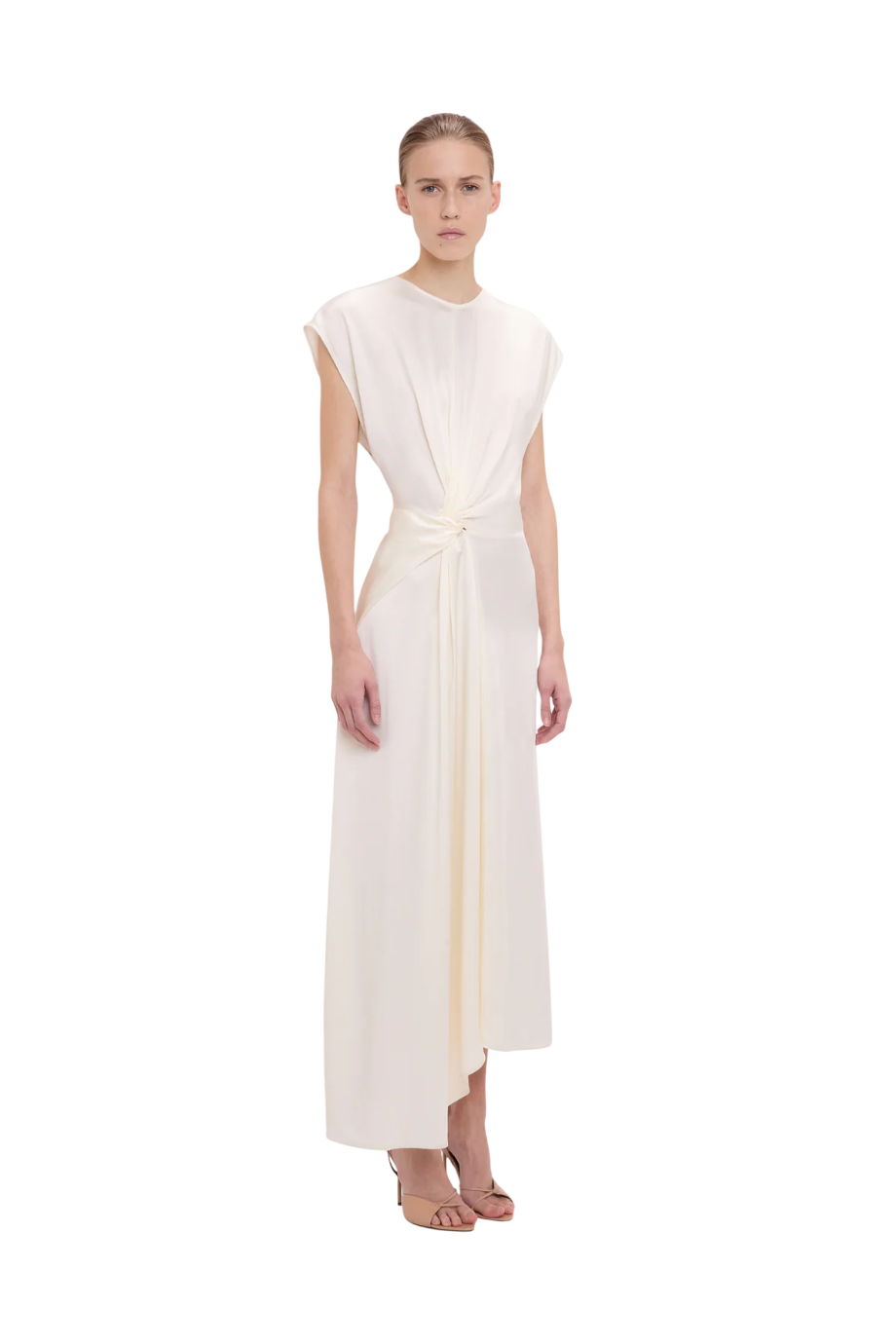 Asymmetric satin midi dress in ivory