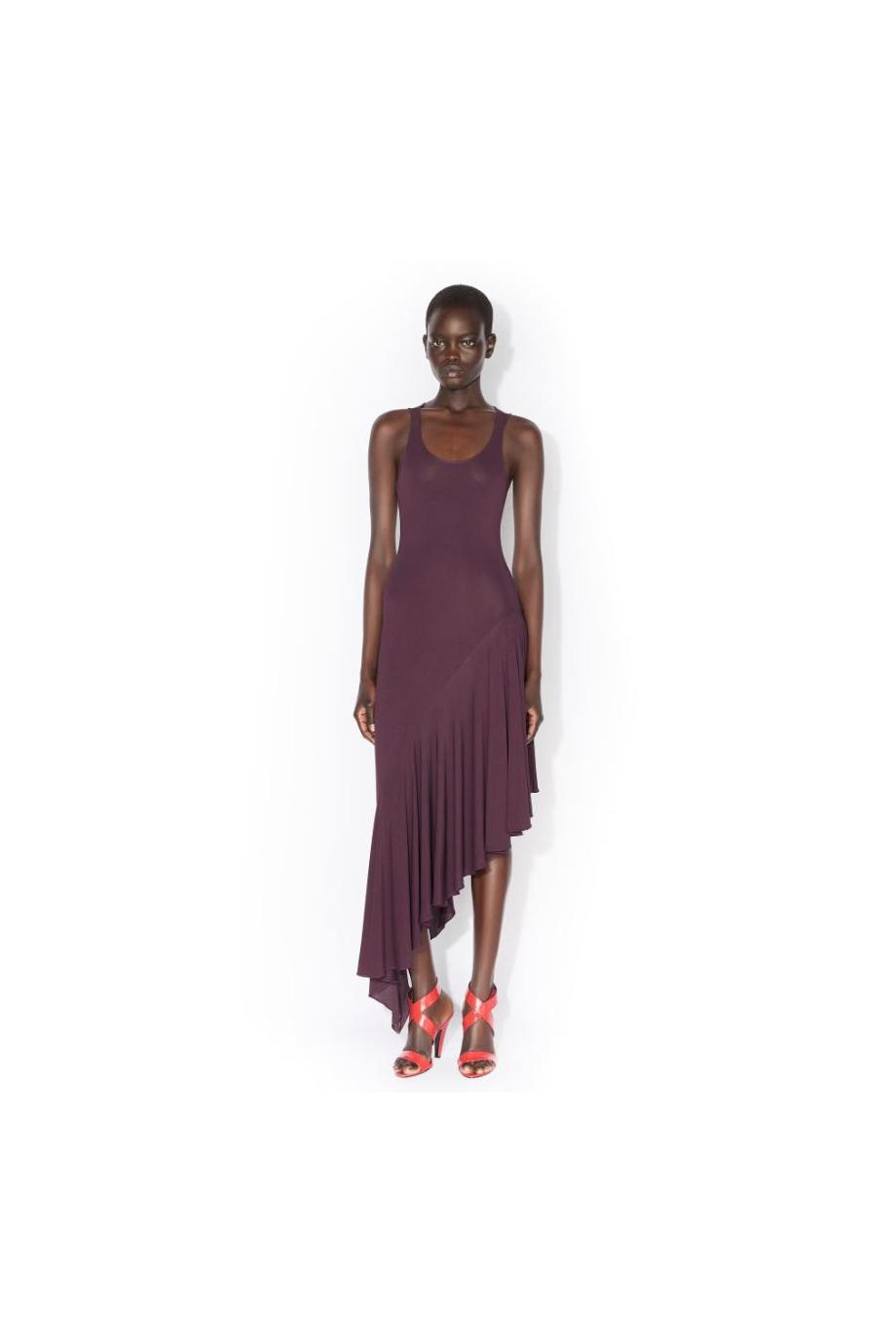 Asymmetric knitted midi dress in bordeaux 