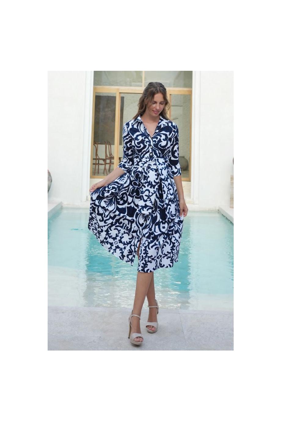Audrey printed cotton midi shirt dress in indigo 