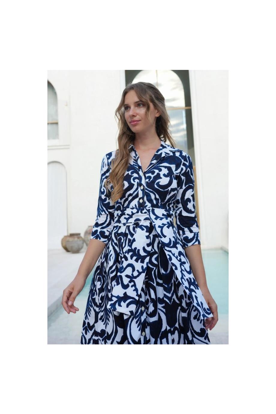 Audrey printed cotton midi shirt dress in indigo 