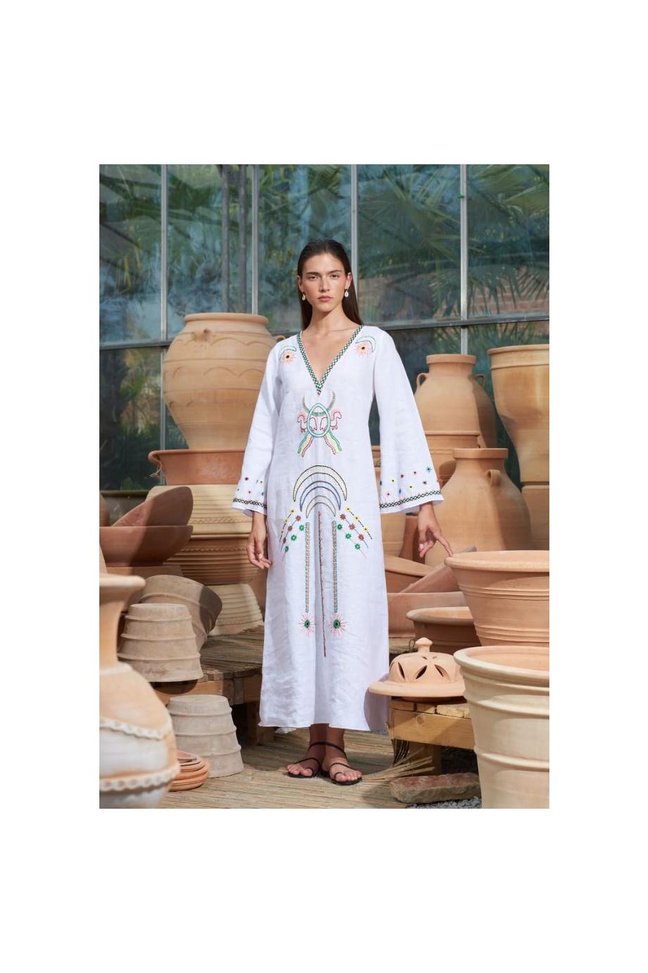 Vera embroidered linen kaftan in white 